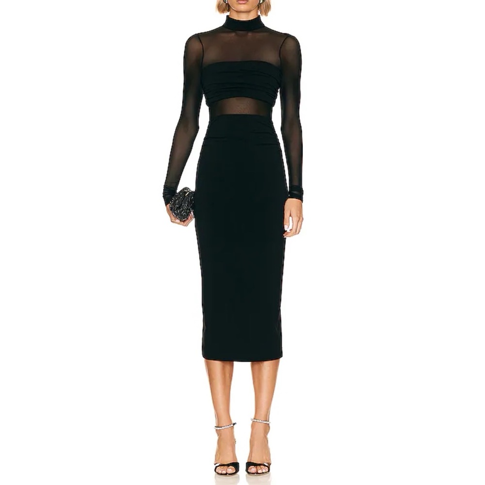Cinq a Sept Ariana Elegant Black Sheer Long Sleeve Midi Bodycon Dress in size 8